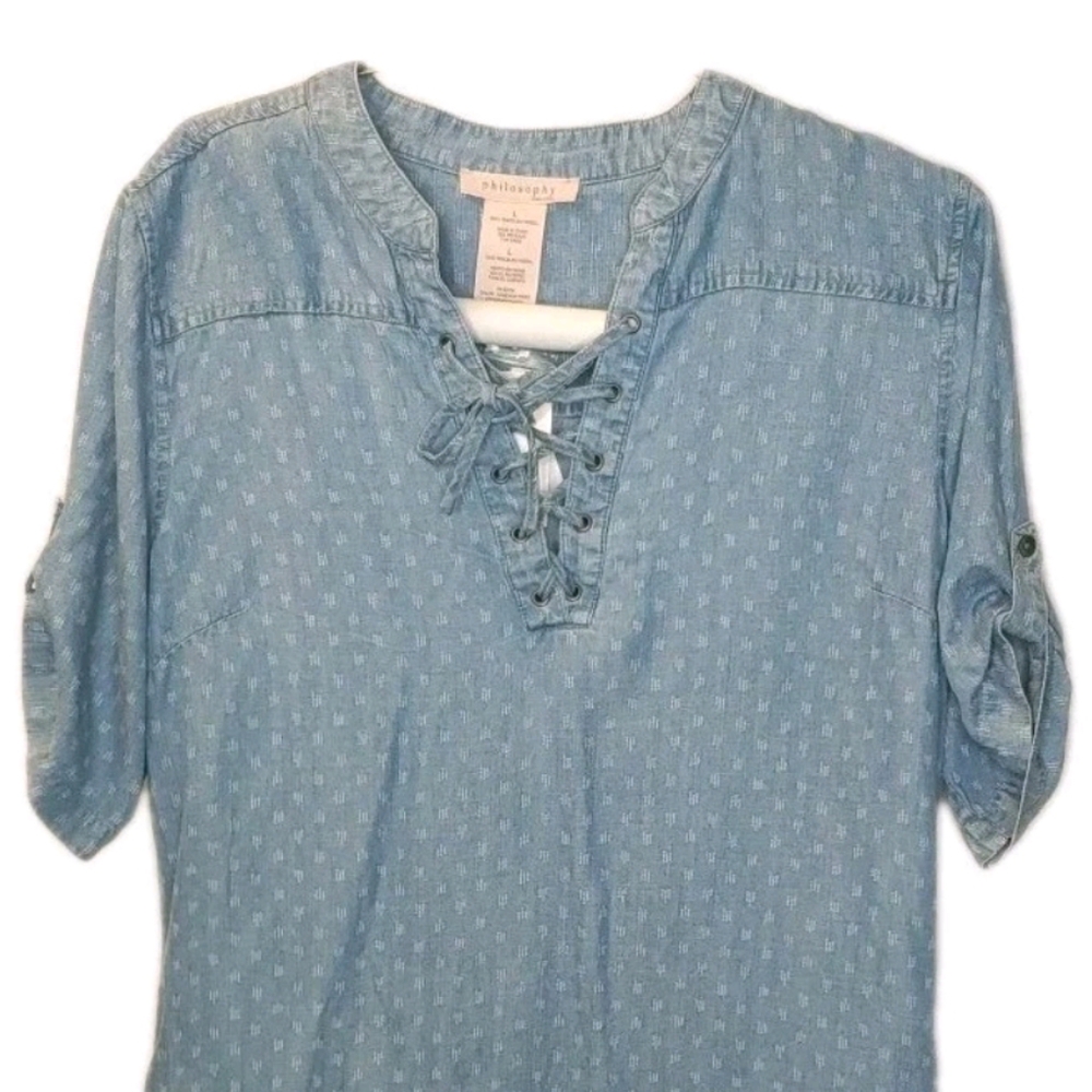 Philosophy Tunic Shirt Dress Woman Large Blue Raindrop Print Tencel Lace Up Nwt - Picture 7 of 14